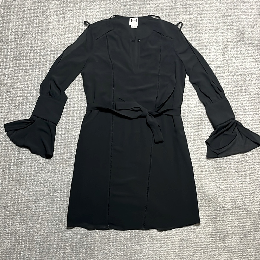 HAUTE HIPPIE Bessie Cutout Long Sleeve Cold Shoulder Black Flowy Belted Dress